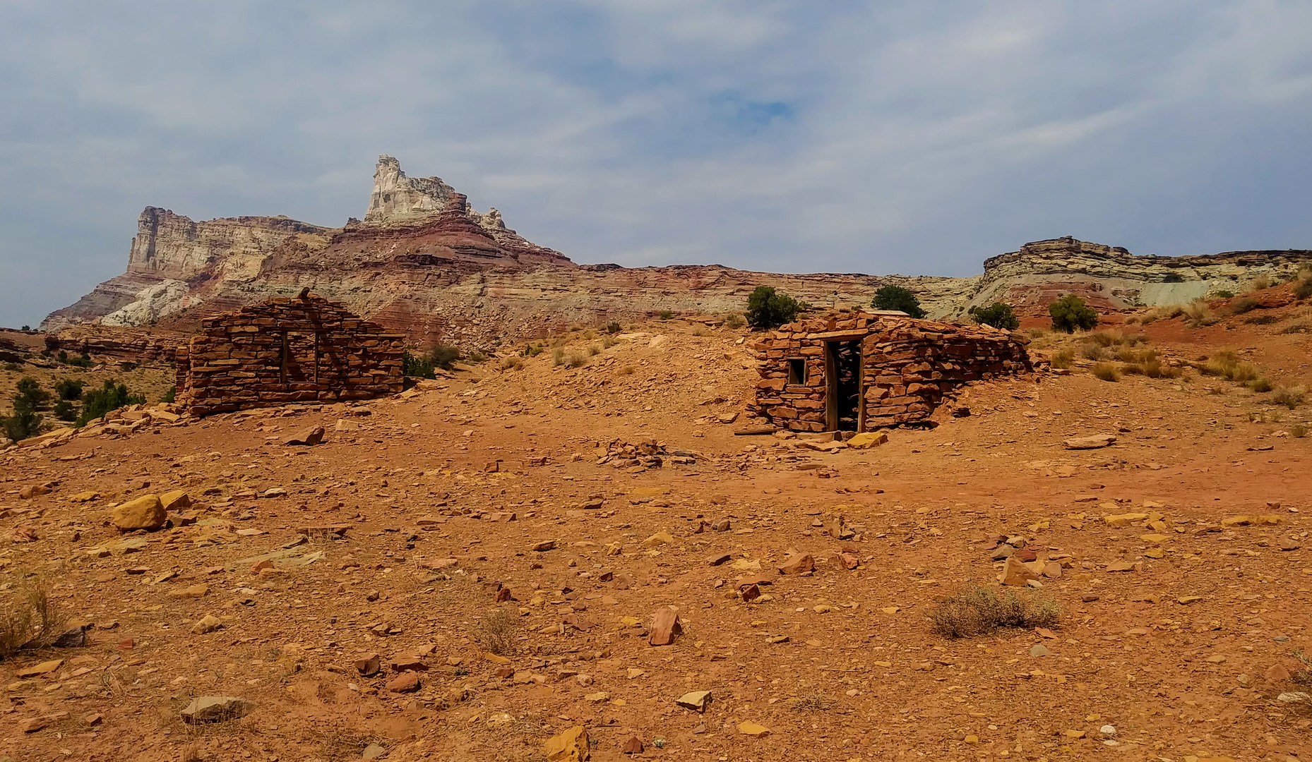 Remains of a prospector camp near the current Temple Mtn Campground.