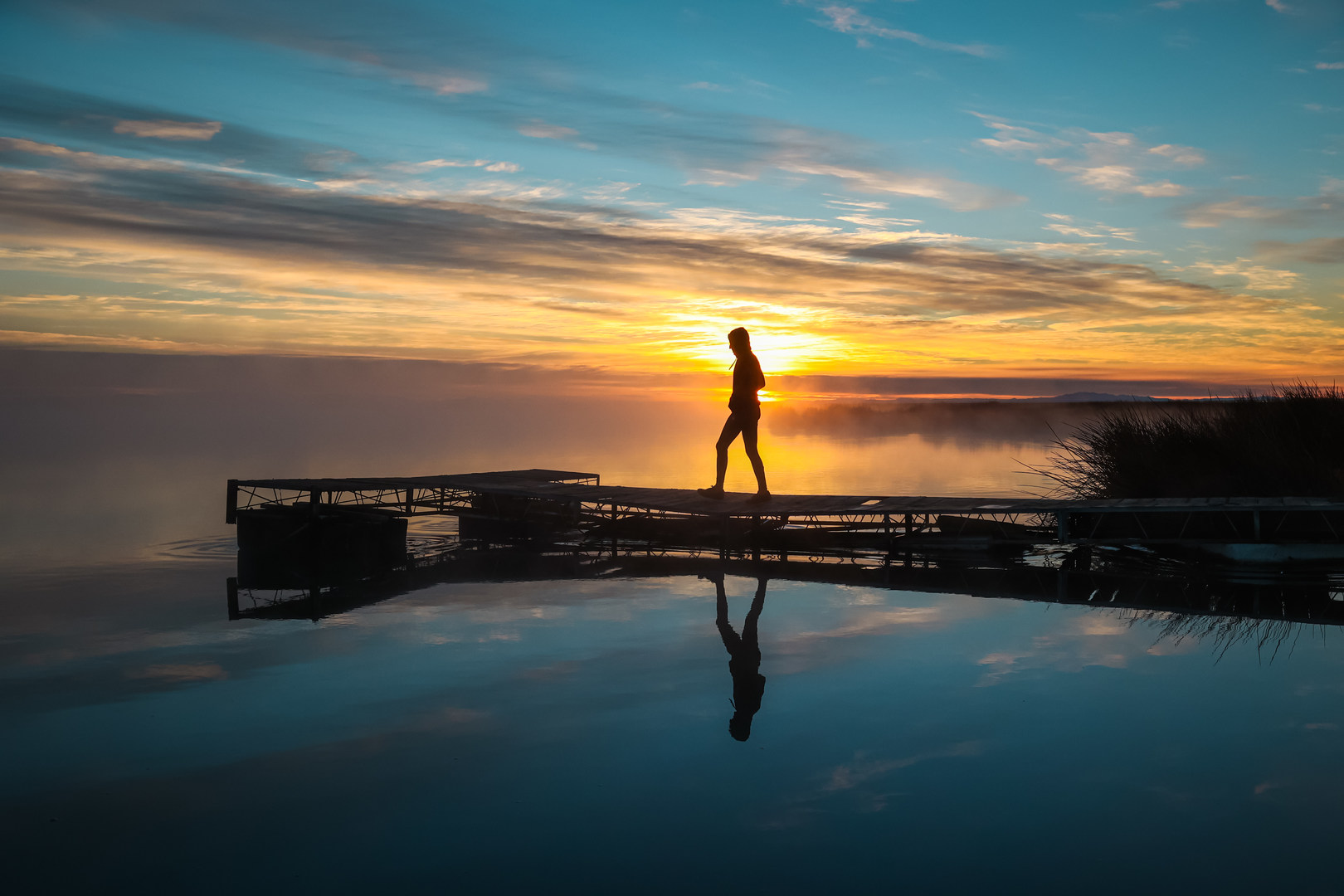 A platform rests above the lake's surface.