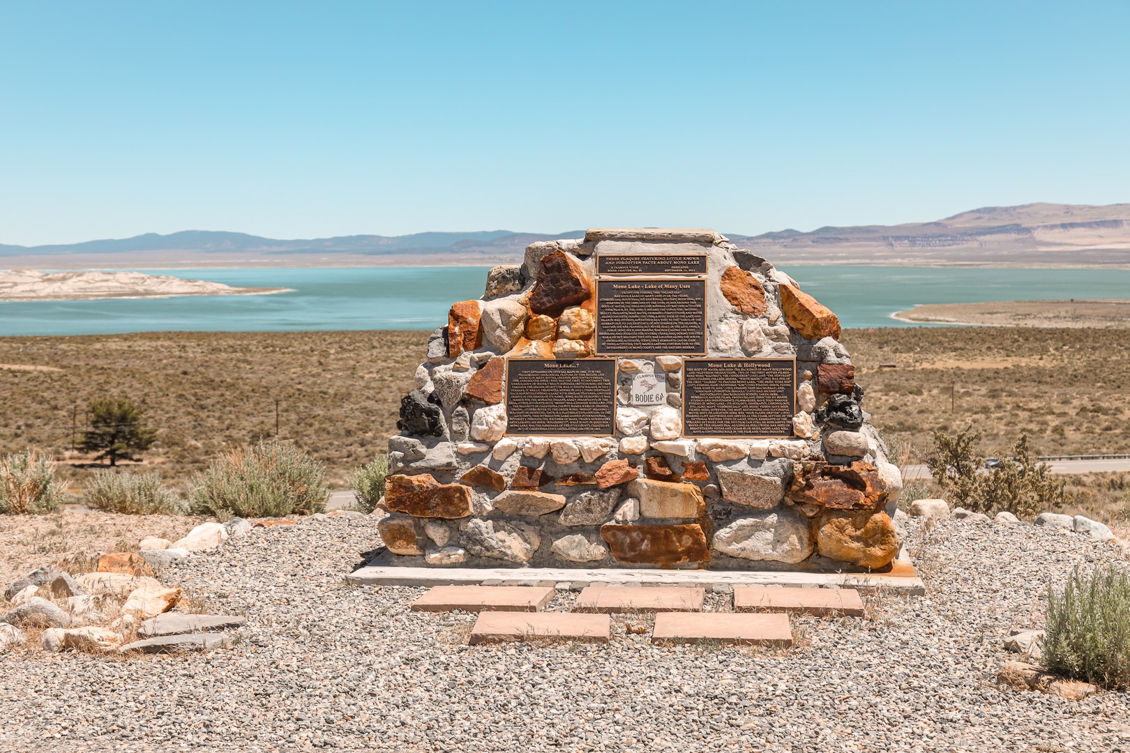 The vista point has a Clampers historical plaque on site, set before sweeping views of Mono Lake.