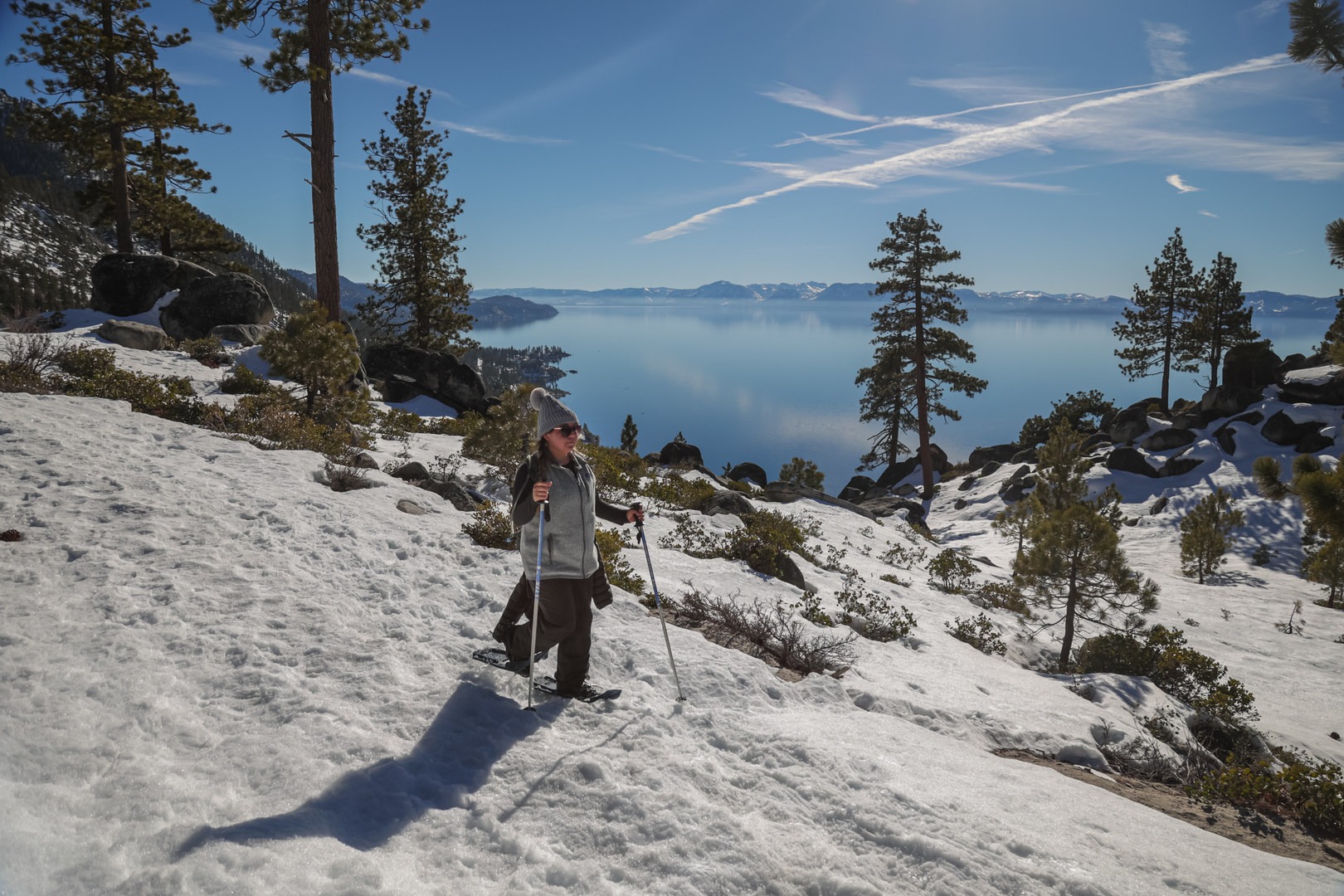 Snowshoeing high above Lake Tahoe.