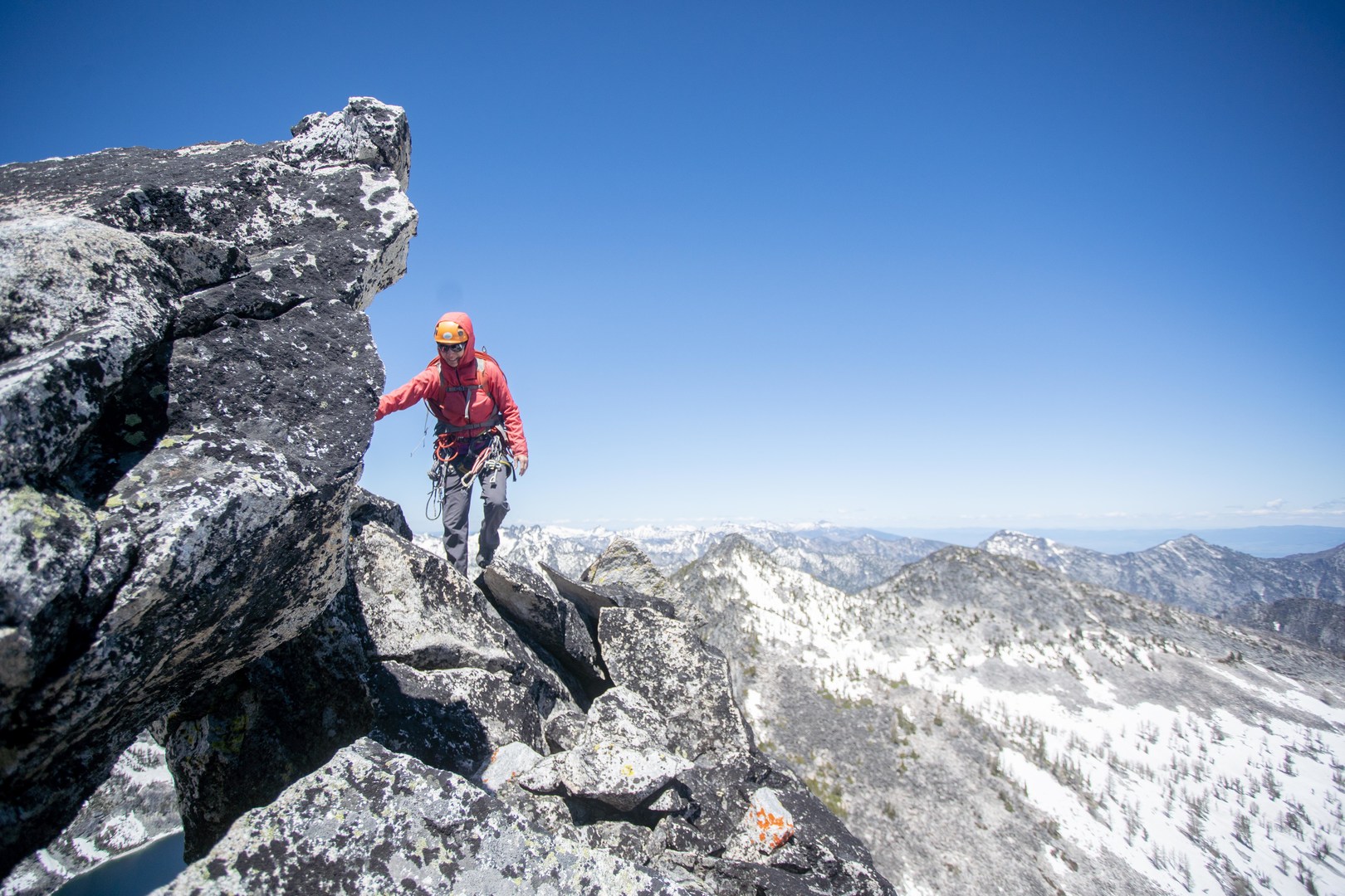 Traversing toward the summit past a false summit.