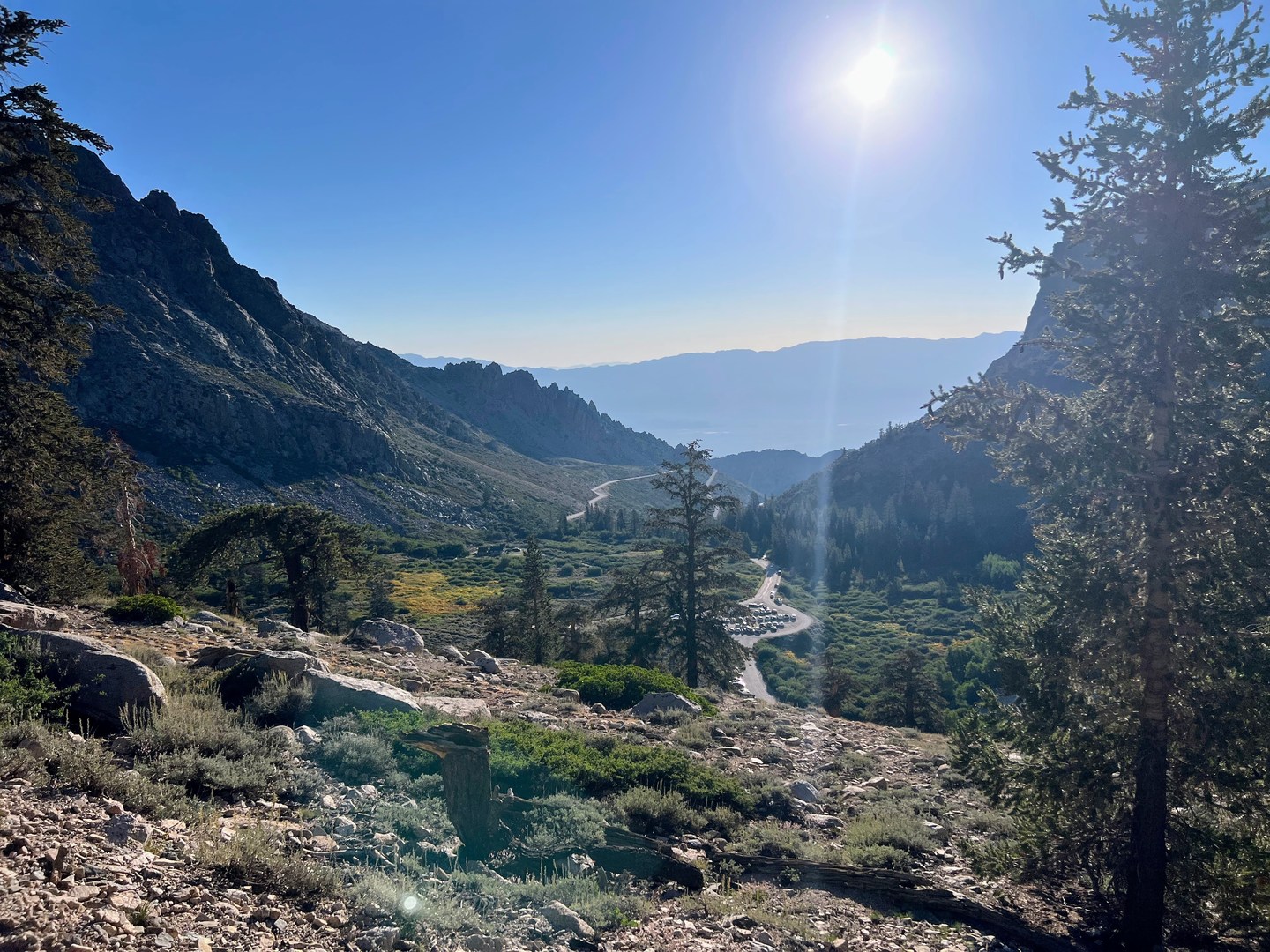 View of parking area and the road leading up to the campground.