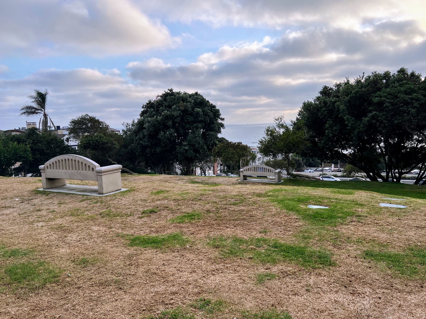 Benches overlooking ocean.