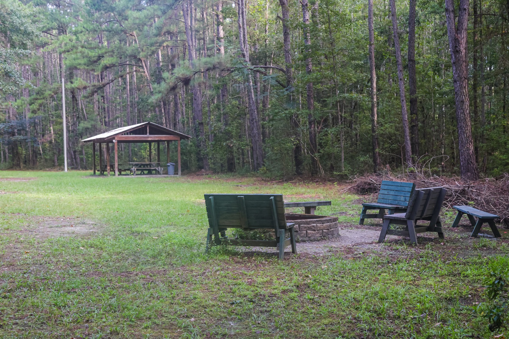 The campground itself consists of an open flat grass area with benches, fire rings, water, and a shade structure.