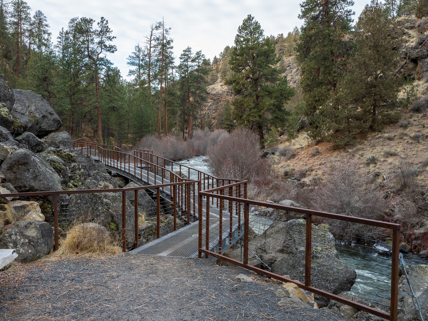 A unique metal walkway across a boulder field provides great views of the river.