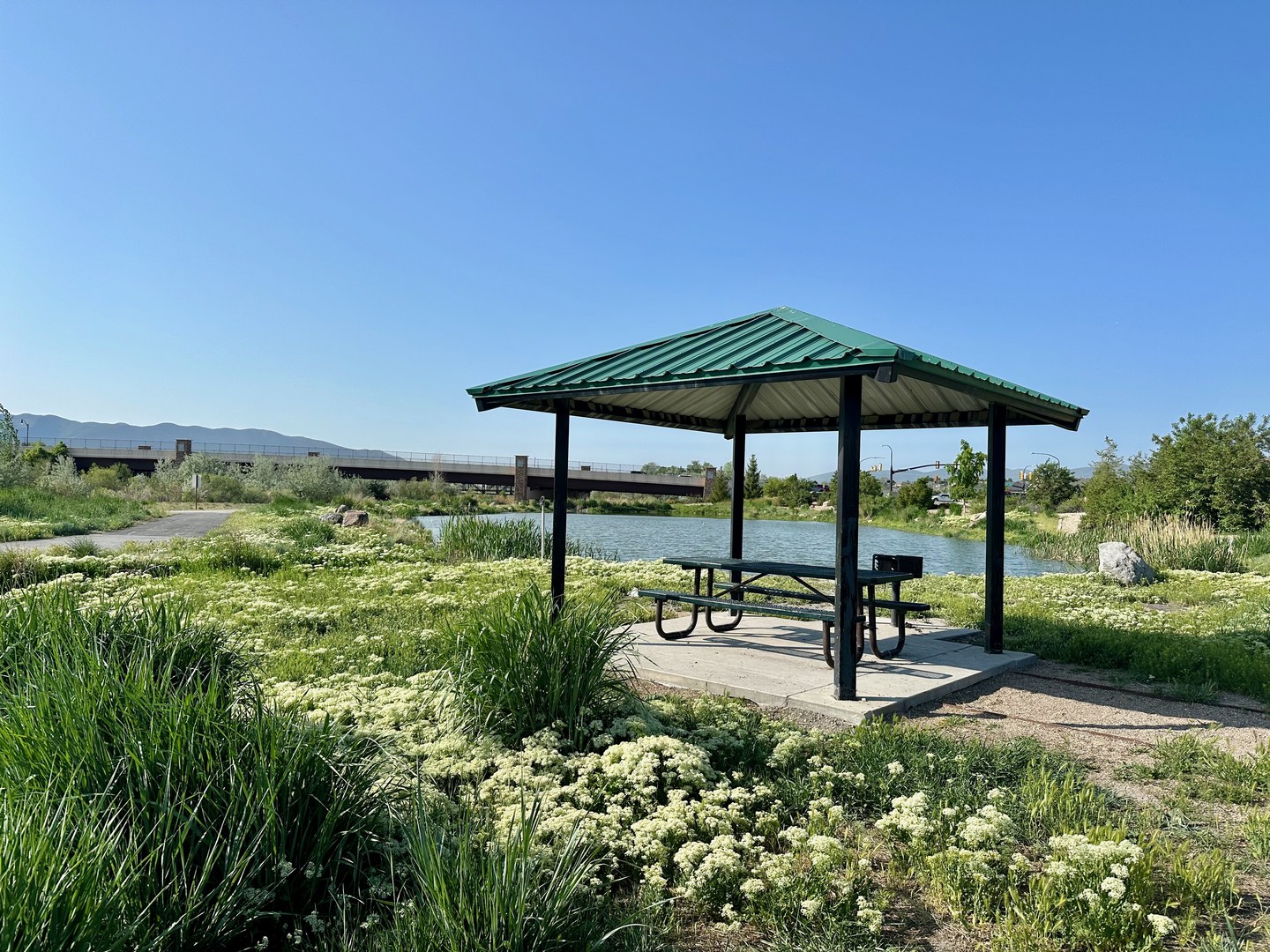 Picnic area with Riverfront Pond in the background.