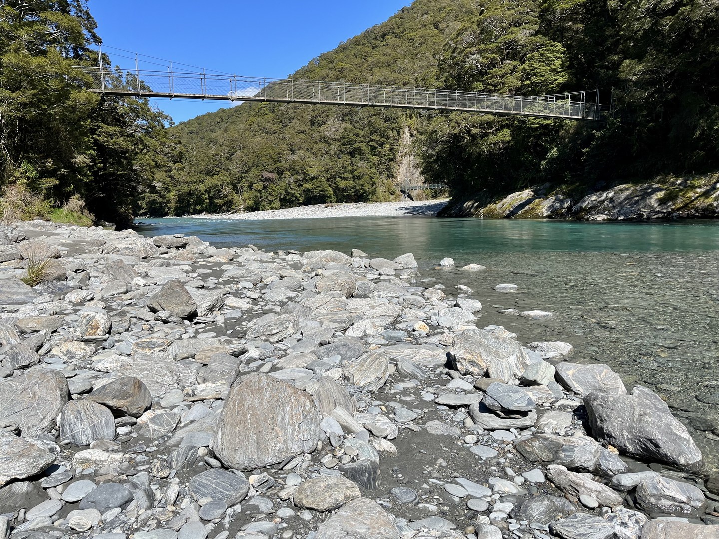 Makarora River and swing bridge.