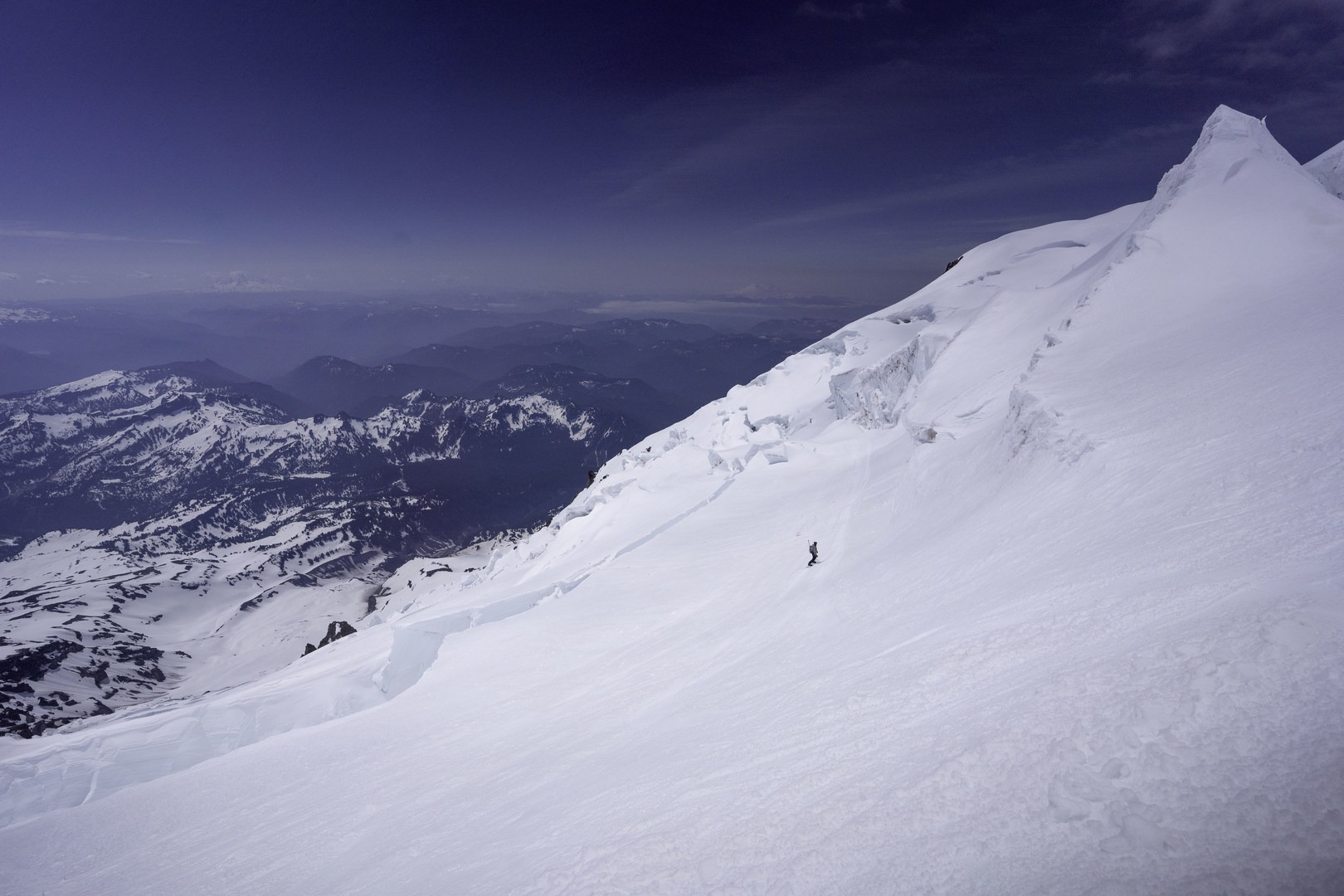 Skiing between big crevasses on the Upper Nisqually.