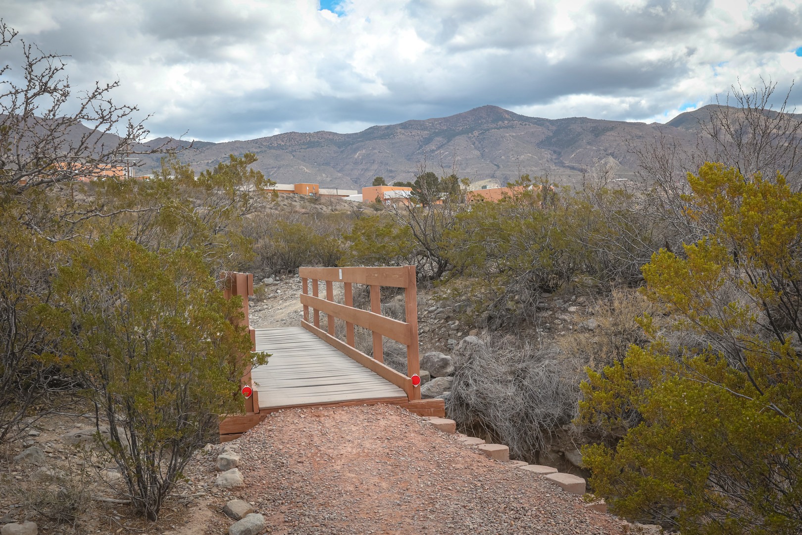 A bridge crosses a seasonal streambed on the trail.