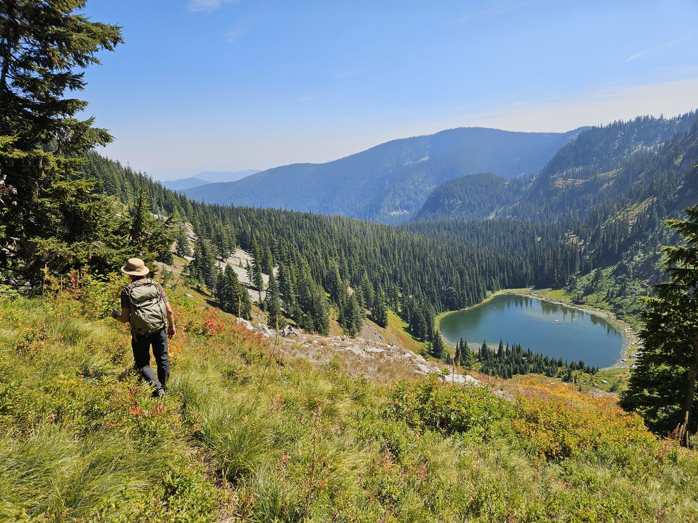 Descending the Hub and Hazel Lake Trail with Hazel Lake in view.