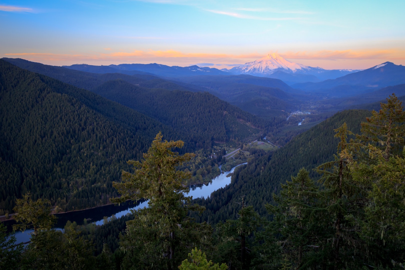 Alpenglow on Mount Jefferson above the town of Idanha.