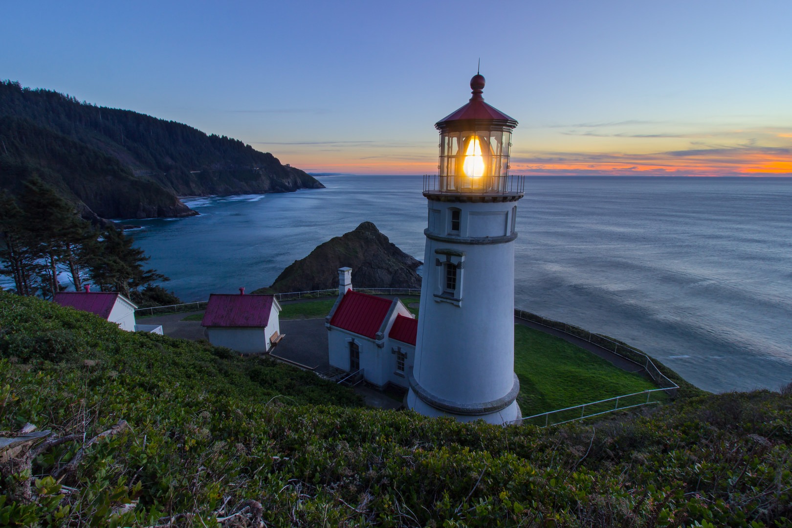 Sunset view from above Heceta Head Lighthouse.