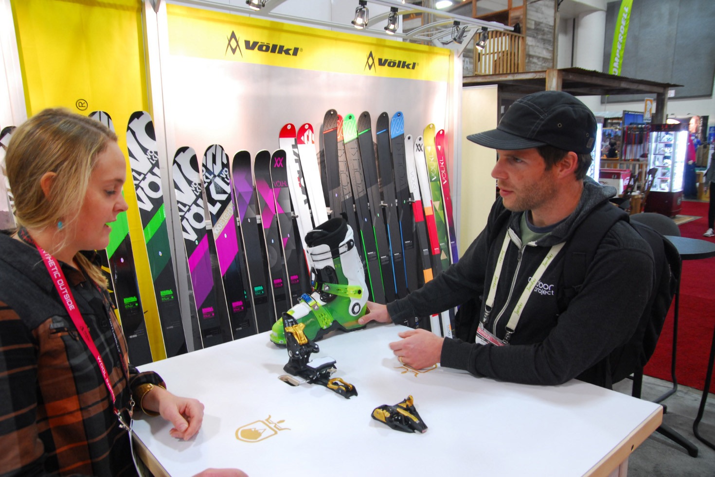 Outdoor Project's Aron Bosworth with a Marker/Volkl rep.