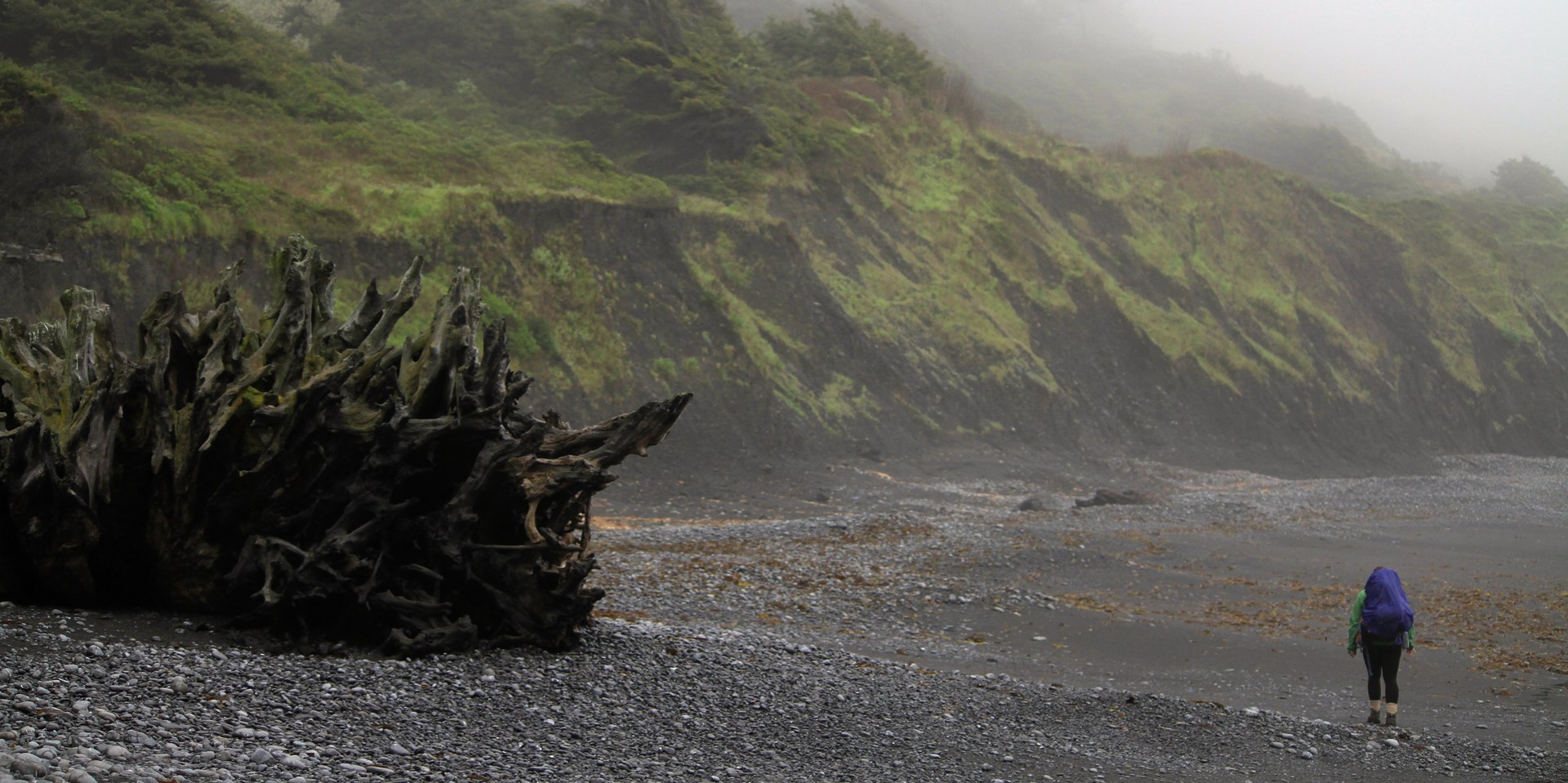 A hiker trudges on along the soggy Lost Coast trail