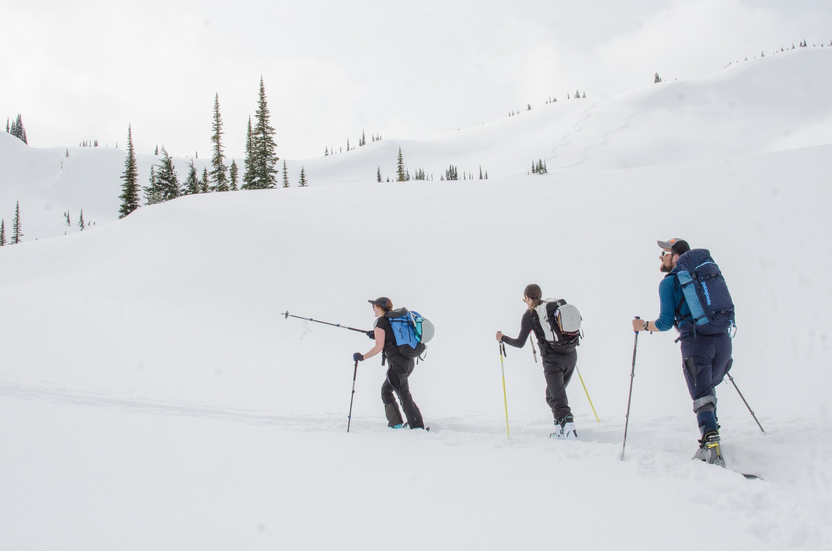 New backcountry skiers at the front of the pack scoping out lines in Connaught Creek, Rogers Pass BC